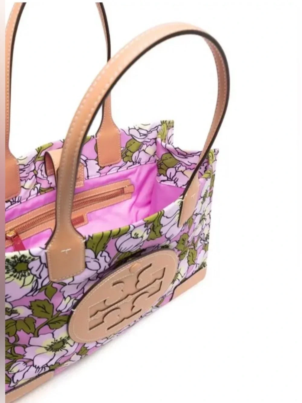Tory Burch Ella Pink Floral Print Tote with Tan Leather Logo Laptop Sleeve